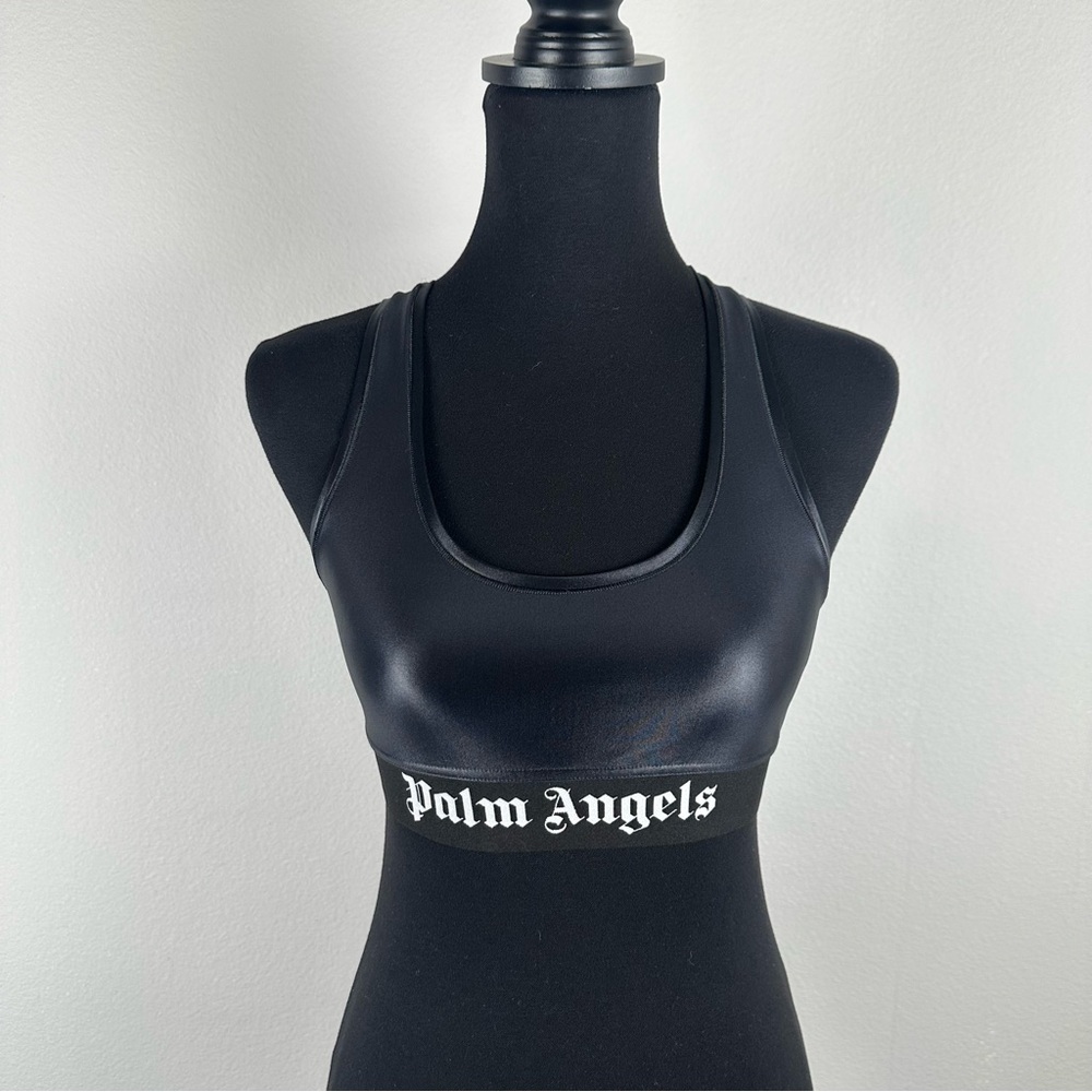 PALM ANGELS Sports Bra Sz Medium Black Shine Racerback Stretch Unpadded Athletic